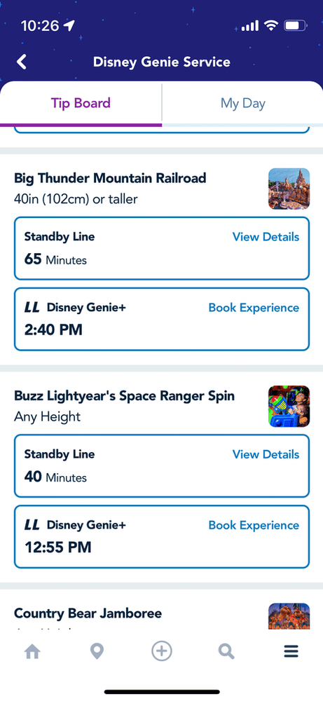 My Disney Experience App screen shot of the Tip Board The image shows a screenshot of the My Disney Experience App Tip Board