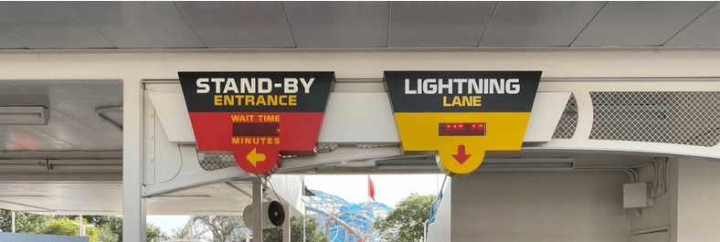 Most rides have both a stand-by entrance and a Lightning Lane A close up of the line signs at Walt Disney World. The image shows two close-ups of signs: One that reads: Stand-by Entrance with a wait time and the other that says "Lightning Lane" with a wait time listed.